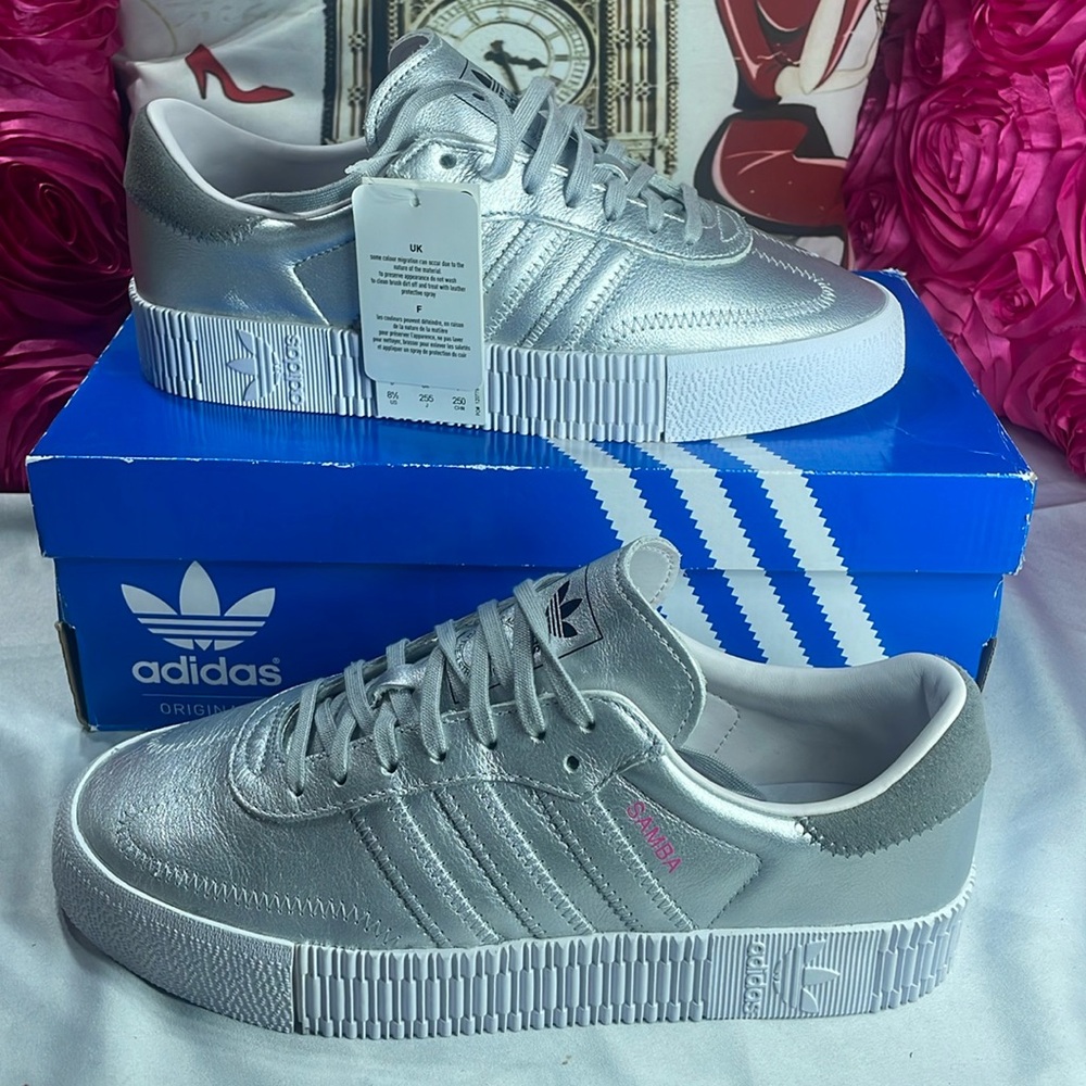 Adidas Silver and White Athletic Shoes with Platform Sole